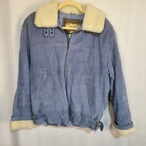 G-III Y2K Blue Suede Jacket with Shearling Collar Medium Bomber Jacket